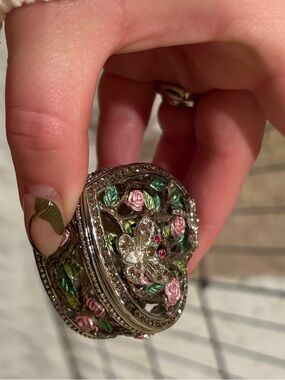 Ornate Floral Metal Trinket Box Jewelry Accent - Pink & Green